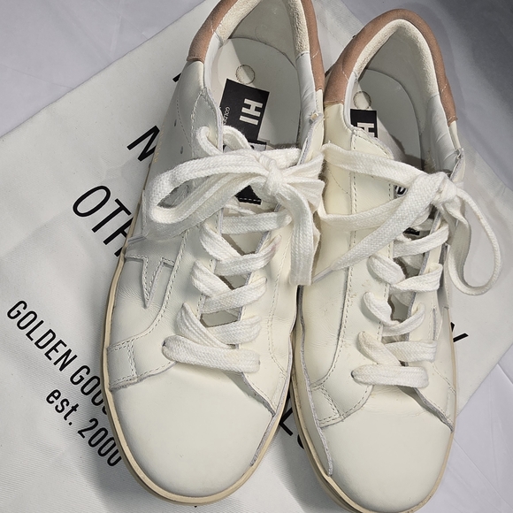 Golden Goose Shoes - Golden Goose High Star Low Top Off White Leather Briwn Heel Pad. Size EU 38 US 8